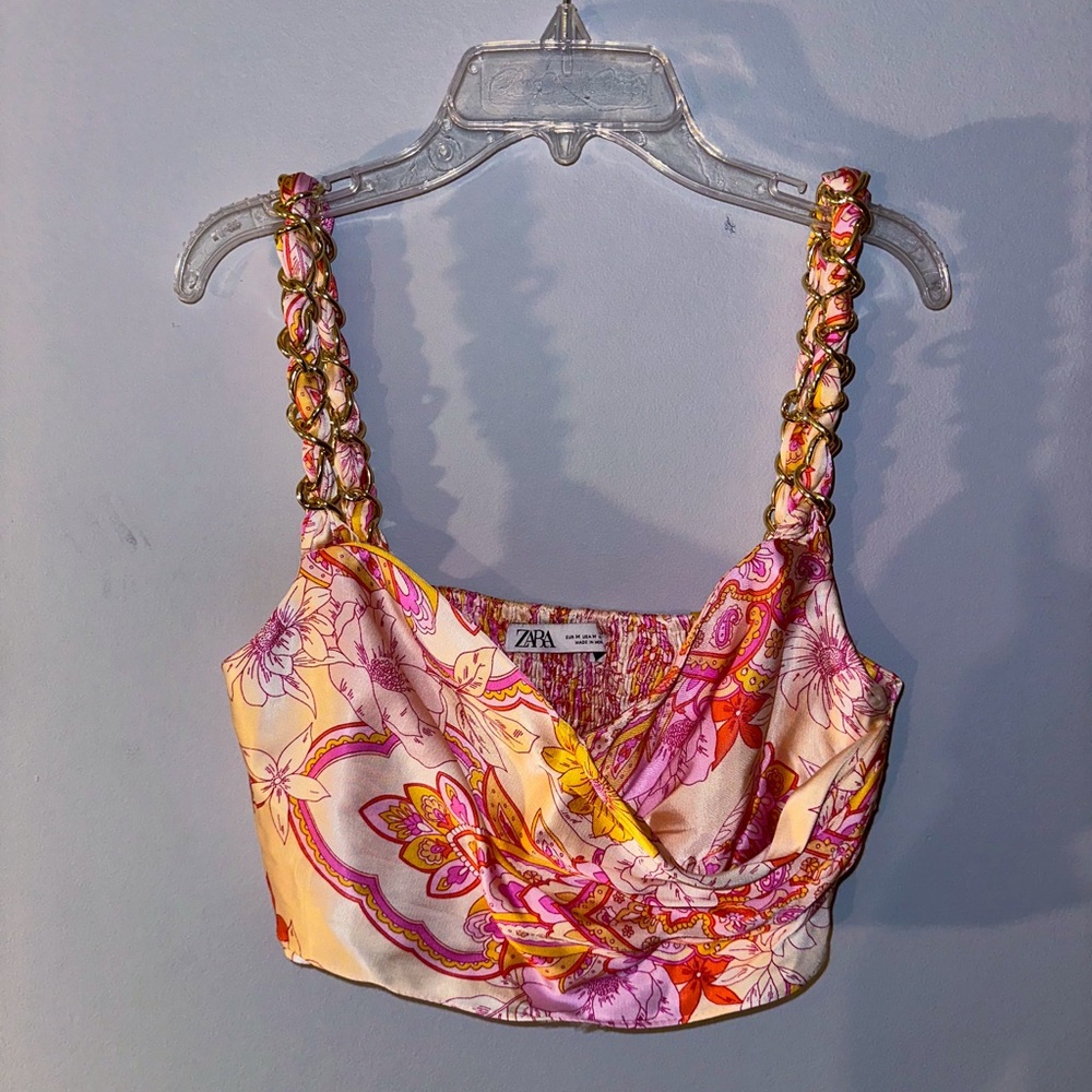 M zara silk/satin floral print crop top
